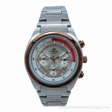 Metal Watch with Shiny Case and Band and Japanese Movement with Business Date Function